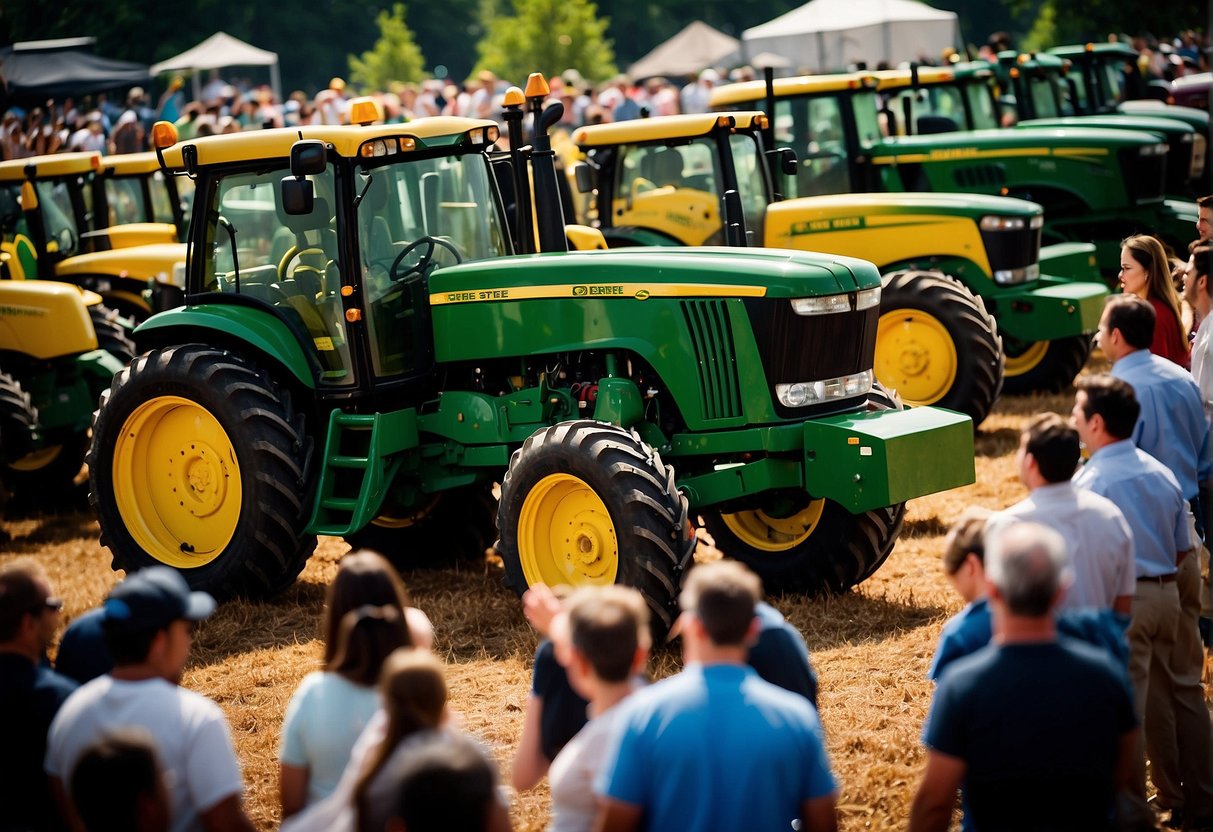 Two tractors, John Deere S100 and S120, facing each other with a question mark hovering above them. A crowd of people surrounds the tractors, pointing and discussing