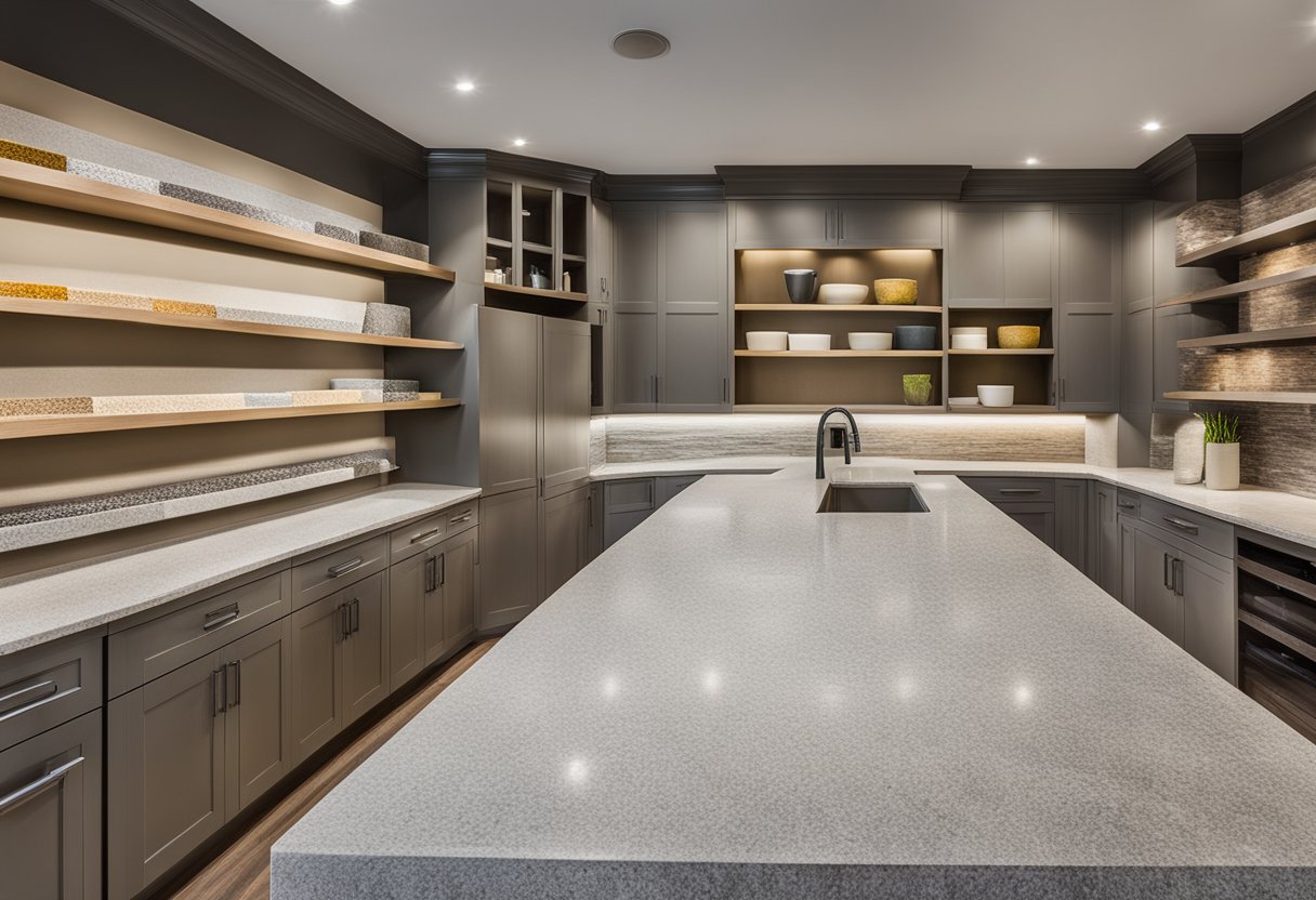 A showroom displays various quartz countertops in different colors and textures. Samples are neatly arranged on shelves, with overhead lighting highlighting their beauty