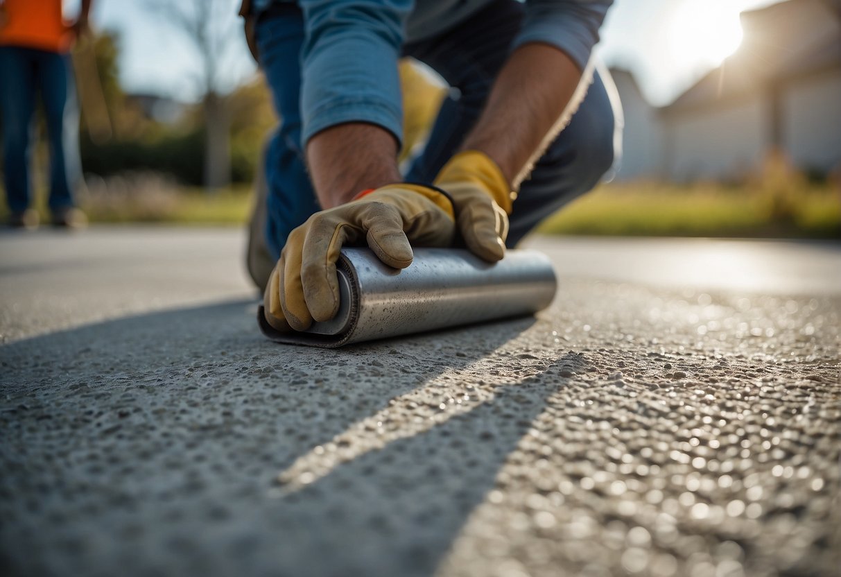 A worker applies granite grip and spreadrock to a concrete surface with a roller, preparing and smoothing the area for a new finish