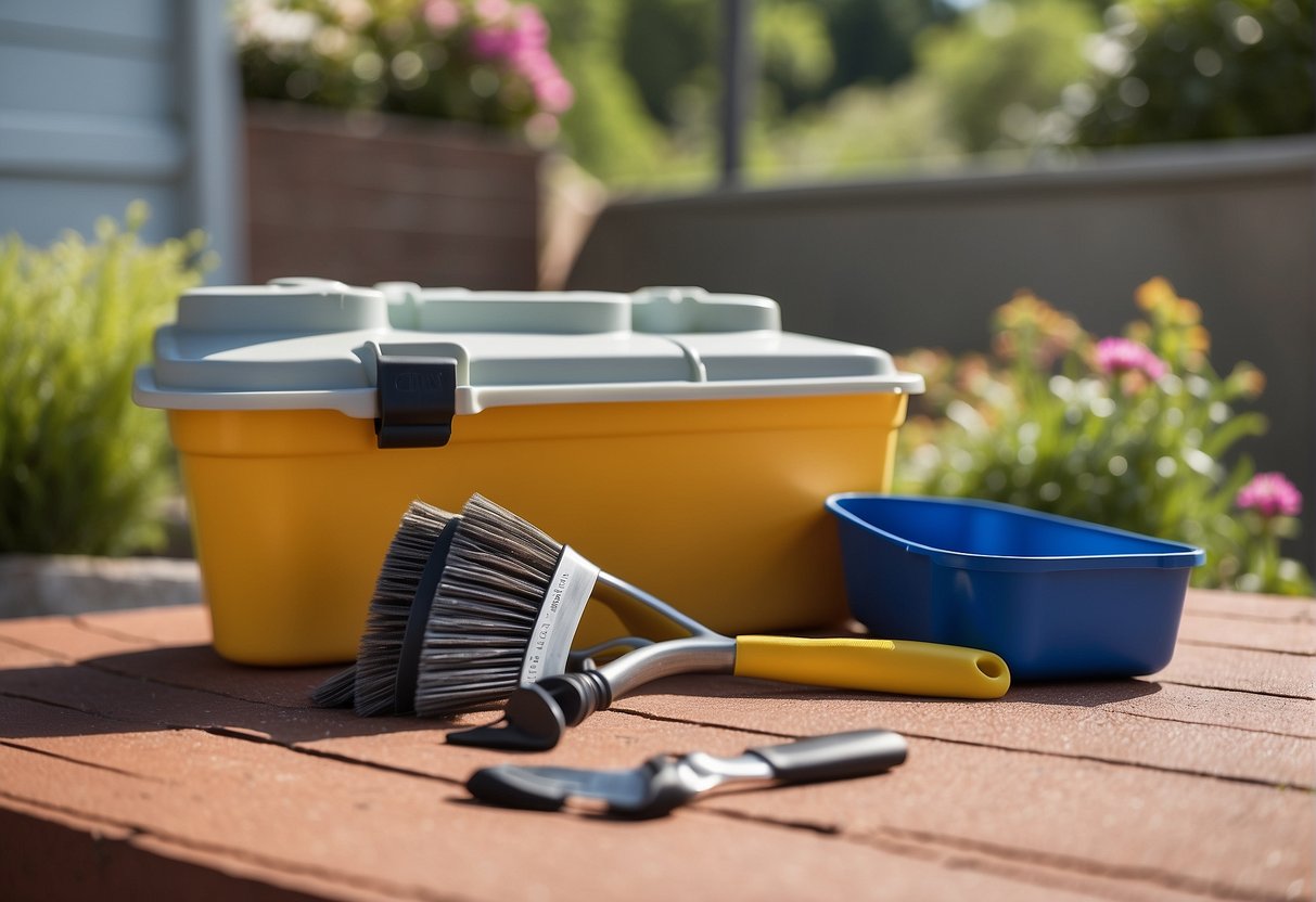 Granite grip and spreadrock containers sit next to a clean, well-maintained patio surface, surrounded by cleaning tools and protective gear