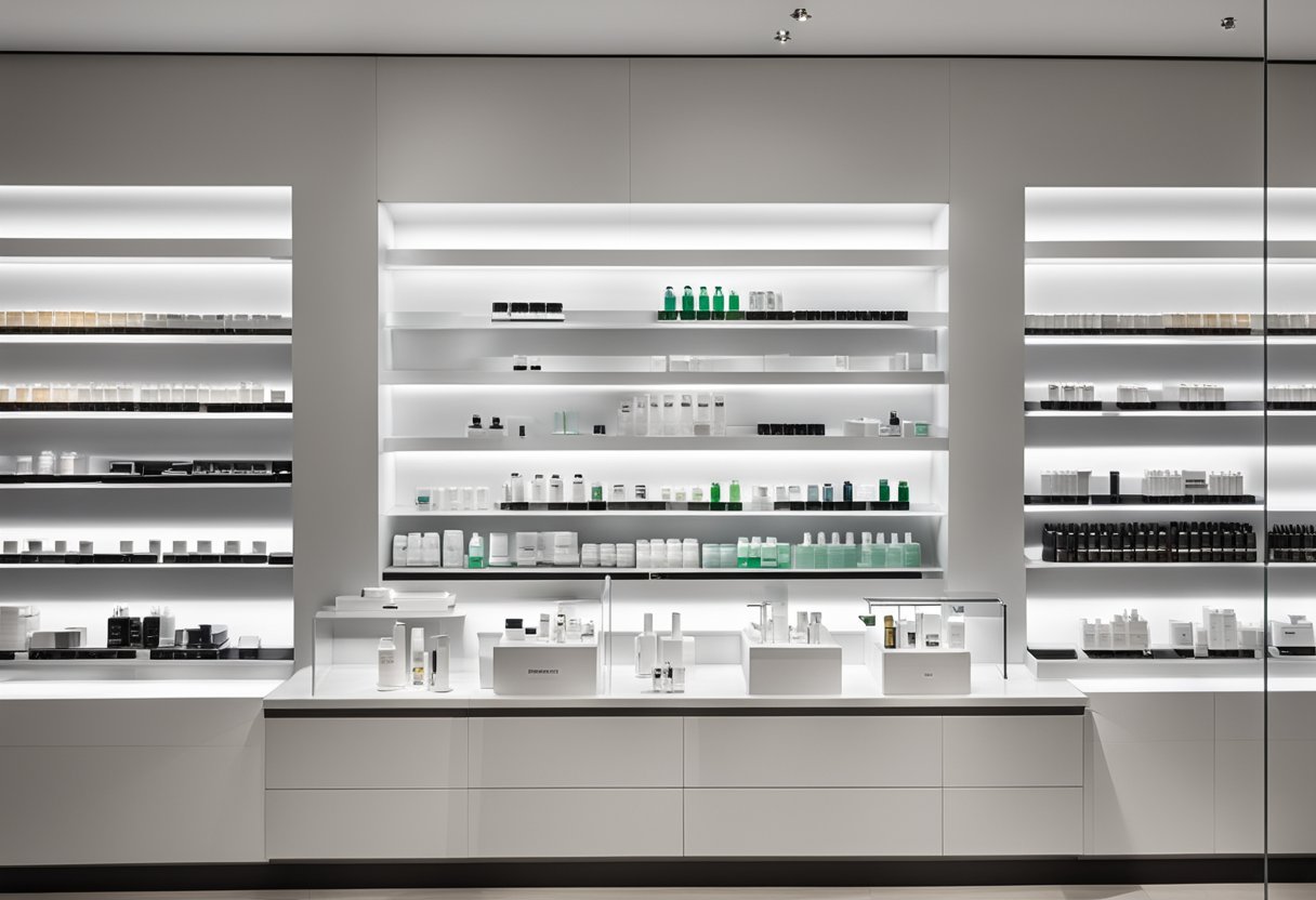 A bright and modern skincare store with shelves displaying Vibriance Super C Serum bottles. Bright lighting and clean, minimalist design