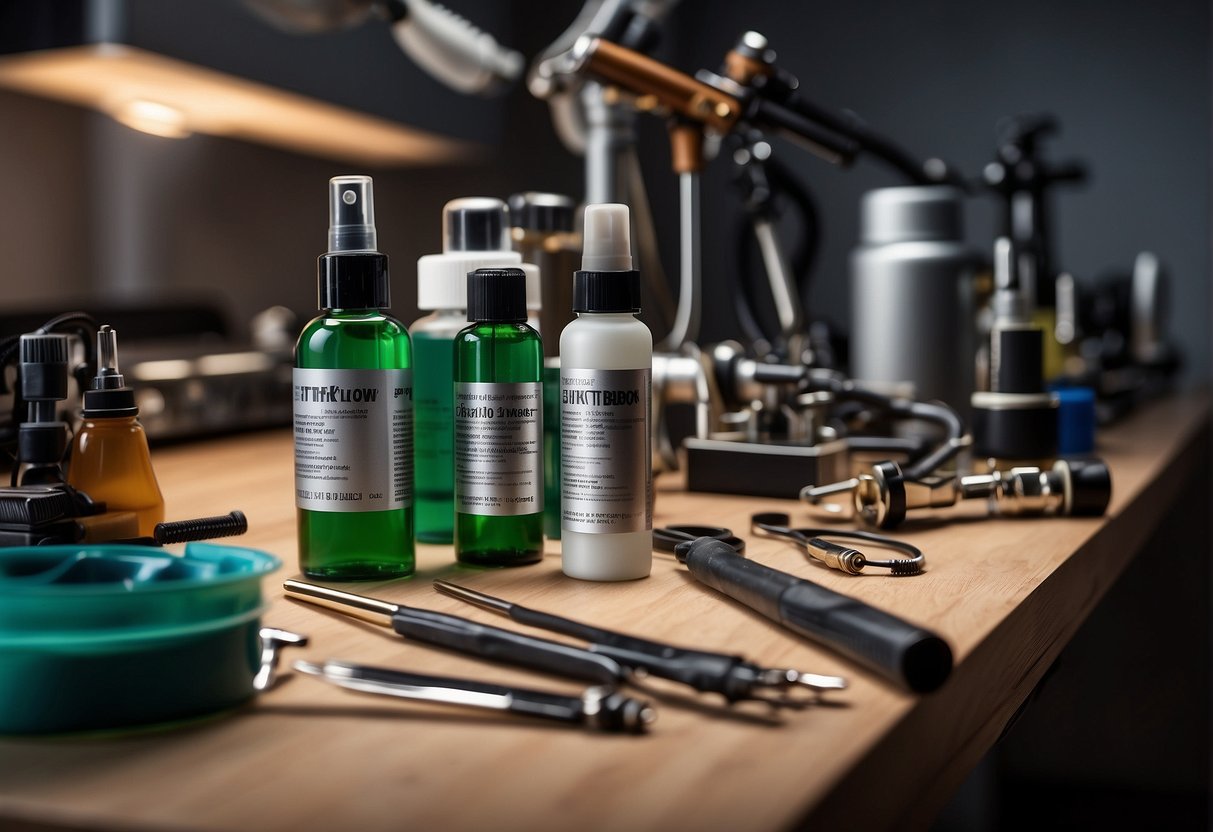 An airbrush thinner and flow improver sit on a clean, well-lit work surface, surrounded by various airbrushing tools and equipment