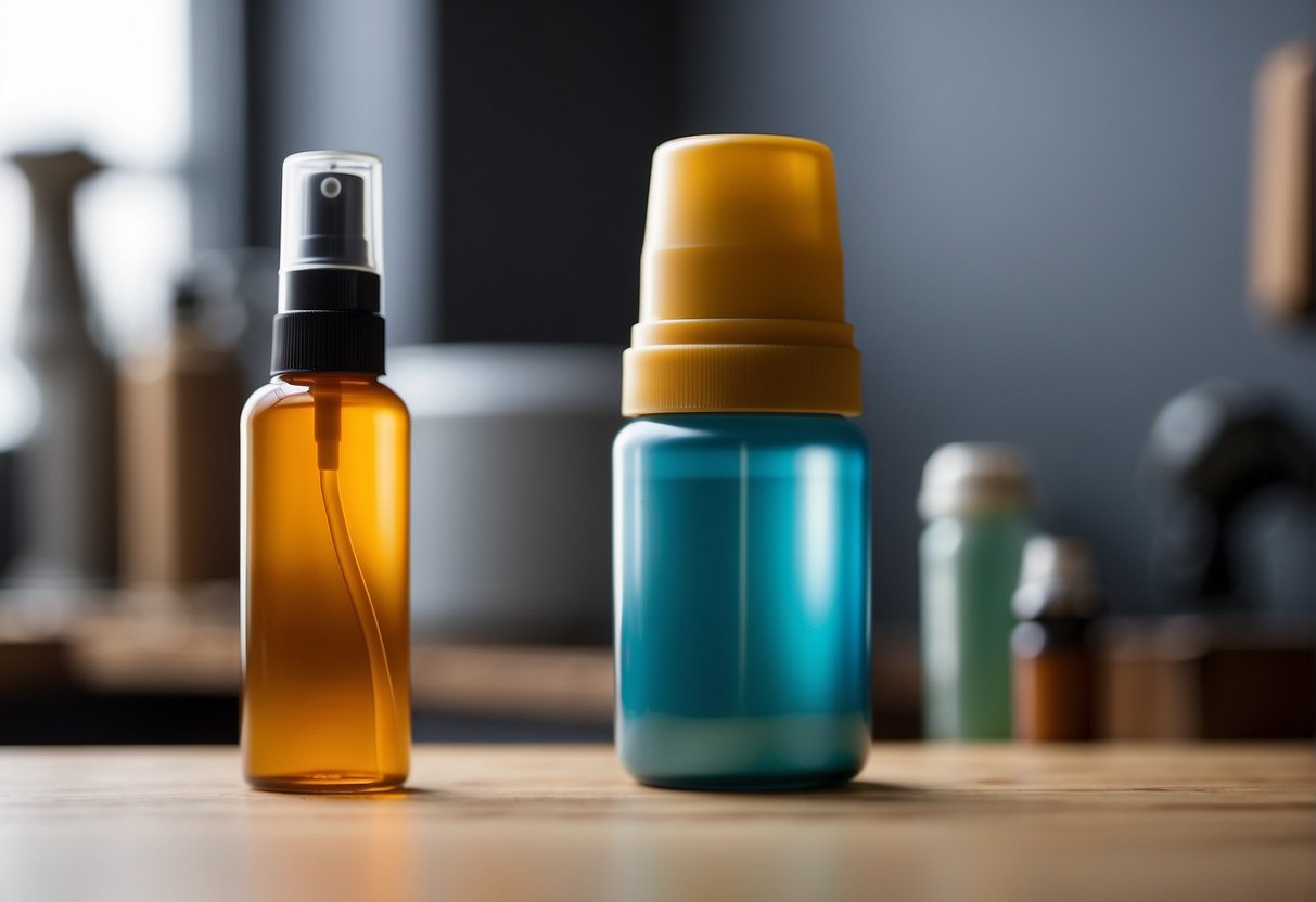 An airbrush sits on a clean, well-lit workbench. A bottle of airbrush thinner and flow improver stand next to it, ready for use