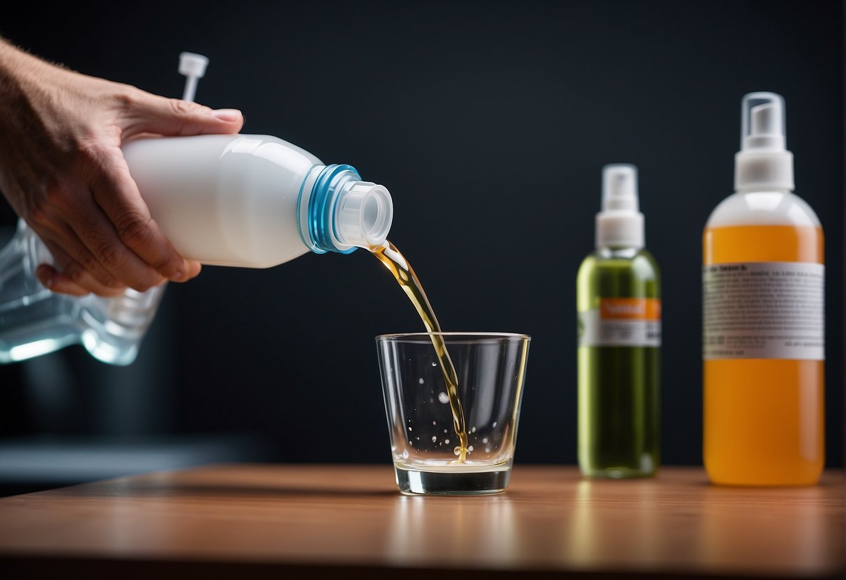 A hand pours airbrush thinner into a mixing cup while comparing it to a bottle of flow improver. Both products sit on a clean, well-lit work surface