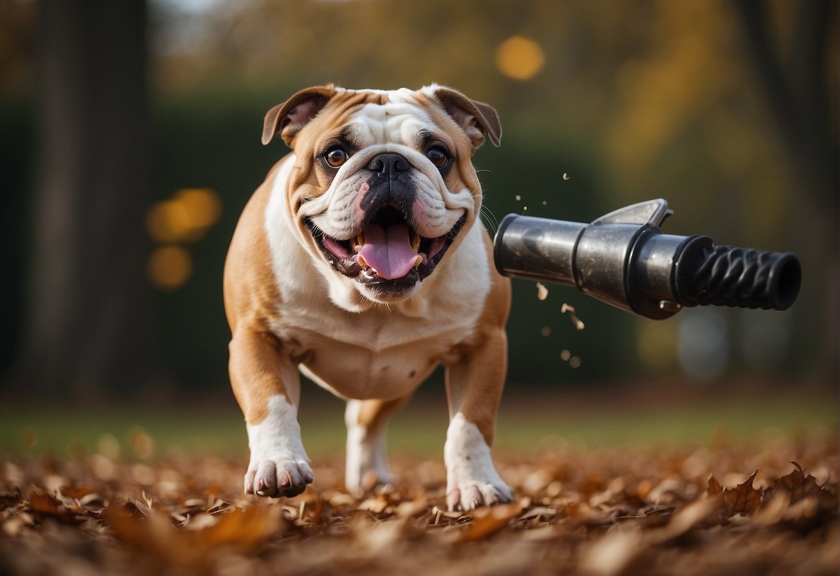 A bulldog barks fiercely at a loud leaf blower, its ears flattened and fur bristling as it stands its ground
