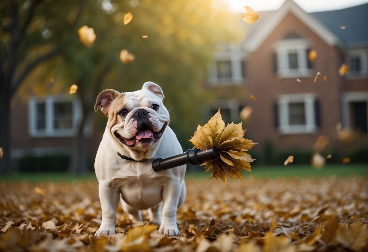A bulldog stands defiantly as a leaf blower blows leaves in all directions