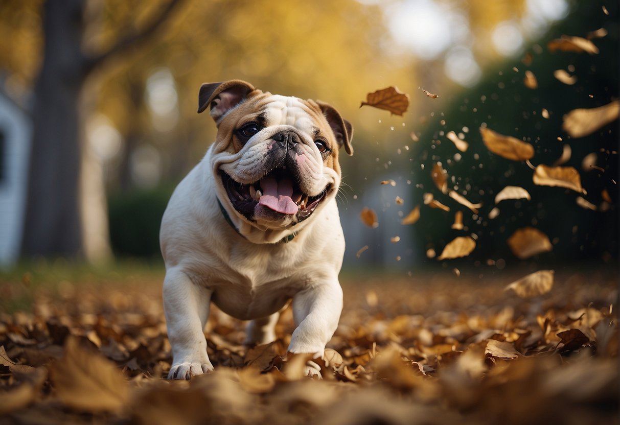 A bulldog stands amidst swirling leaves, struggling against the powerful blast of a leaf blower. Debris and dust fill the air, creating a chaotic and disruptive scene