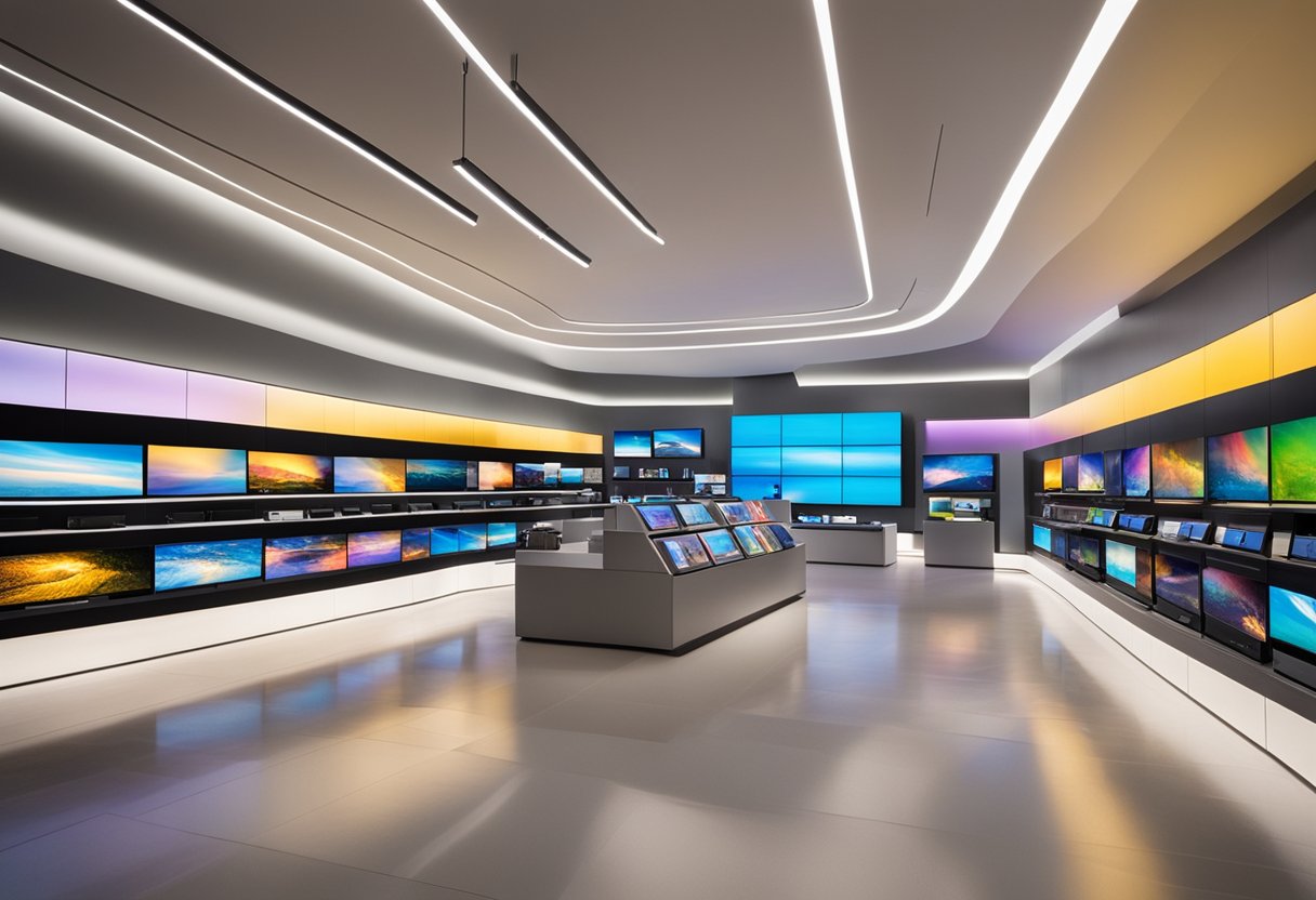 A sleek, modern TV store with rows of 8K TVs on display. Bright lights and vibrant colors create an inviting and high-tech atmosphere