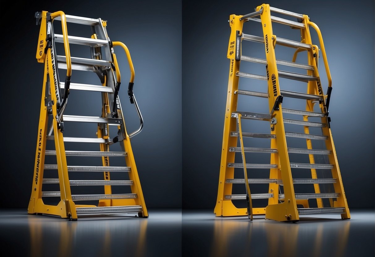 A gorilla ladder and a Werner ladder stand side by side, with clear labeling and contrasting colors for easy identification and accessibility
