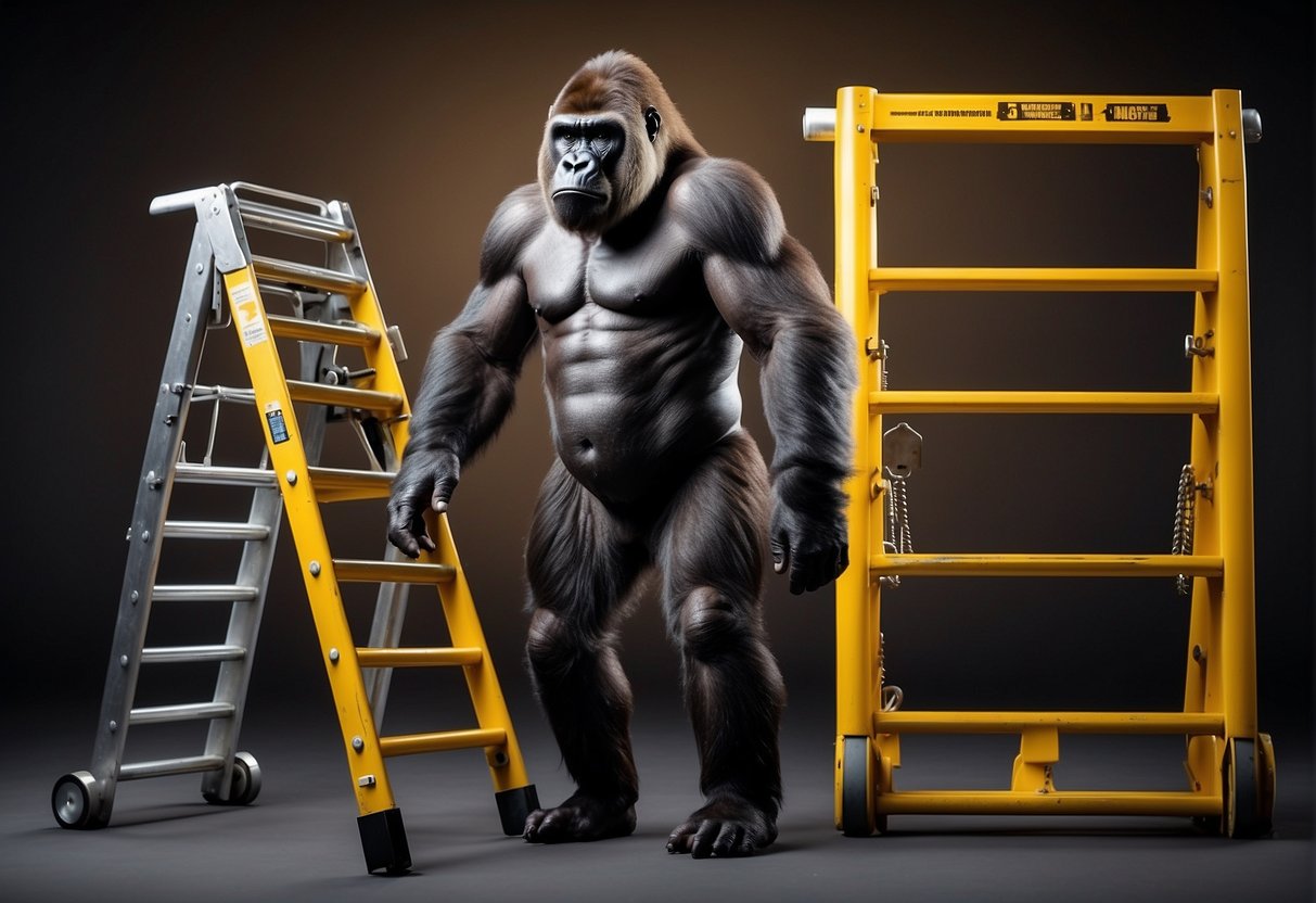 A gorilla ladder and a Werner ladder are placed side by side, with a price tag and value comparison chart next to them