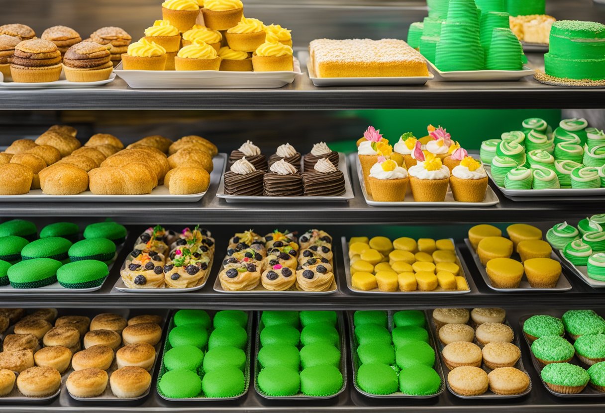 A bustling bakery display with a 7Up cake front and center, surrounded by other sweet treats and pastries. The cake is adorned with a vibrant green glaze and topped with a sprinkle of lemon zest