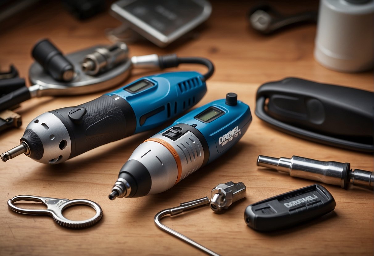 Two Dremel tools, 8250 and 8260, arranged side by side on a workbench with various accessories and attachments scattered around them