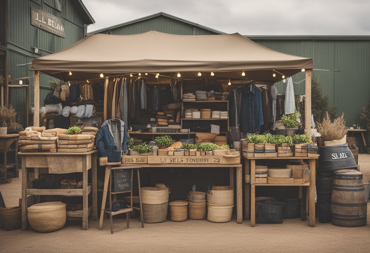 A rustic outdoor market stall with a sign reading "Who Sells LL Bean?" surrounded by rugged outdoor gear and clothing