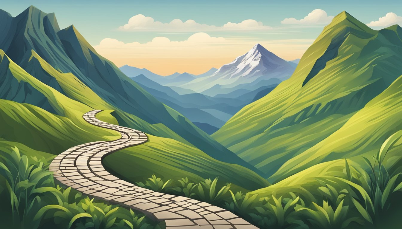 A mountain peak with a winding path leading to the top, symbolizing challenges and personal growth