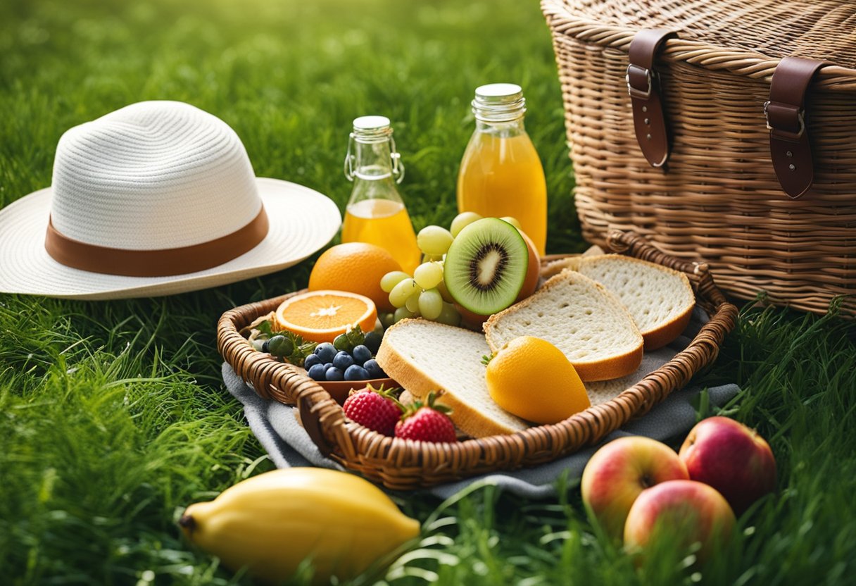 A blanket spread on green grass with a wicker basket, baby bottle, fruit, sandwiches, and a sun hat