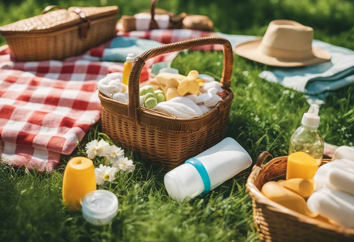 A picnic blanket spread out with a basket, baby bottle, diapers, and toys scattered around. A sunny day with a gentle breeze, surrounded by lush greenery