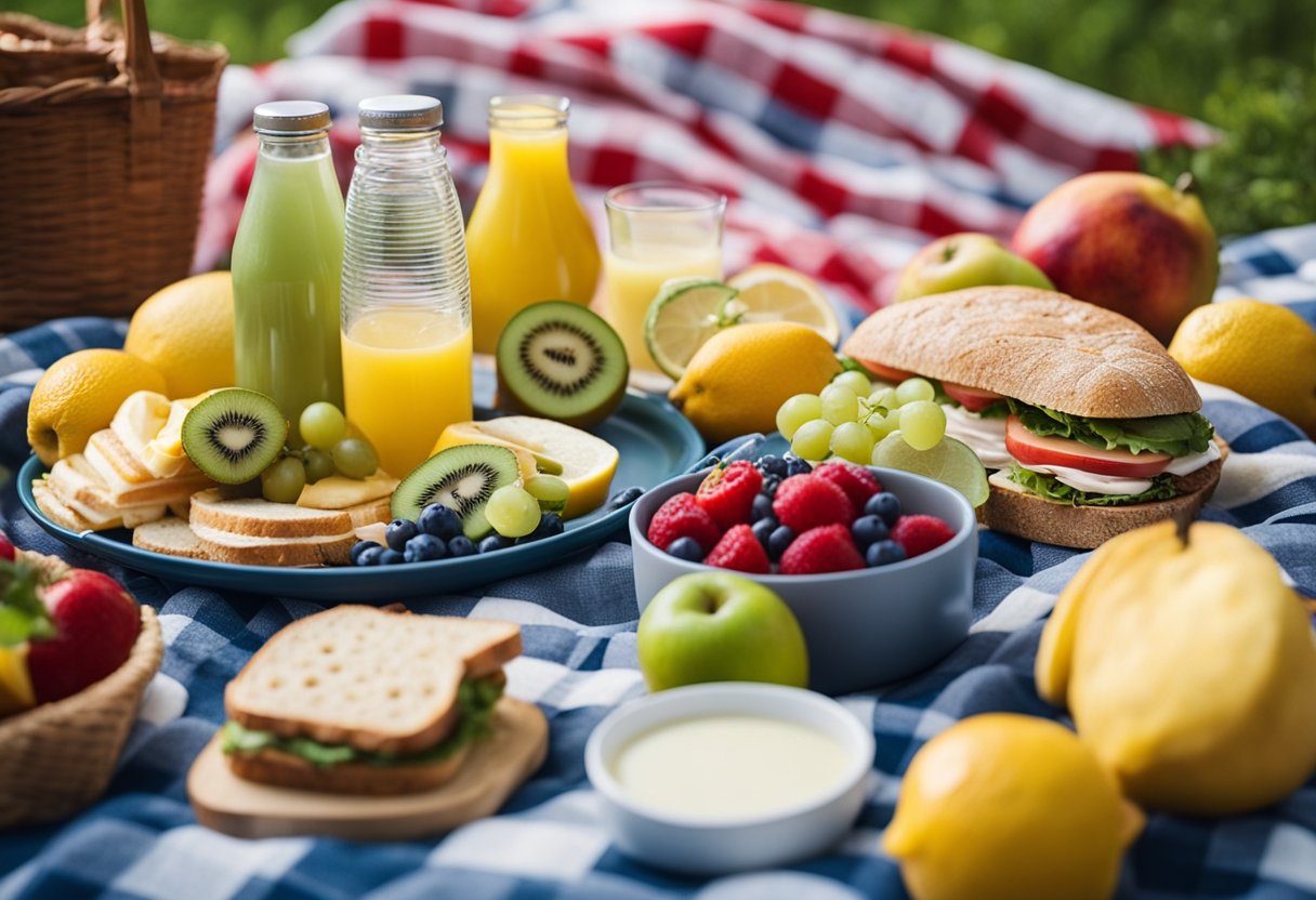 A picnic blanket spread with a variety of fresh fruits, sandwiches, and baby-friendly snacks, alongside a thermos of refreshing lemonade and a bottle of milk