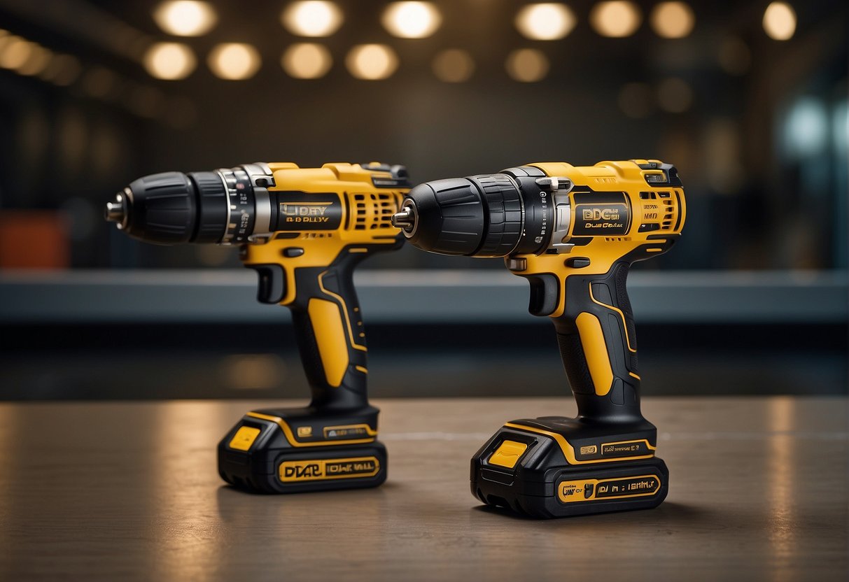 Two cordless drills, dcd777 and dcd708, displayed side by side with their features highlighted