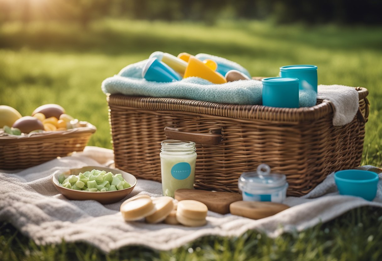 A baby blanket spread out on the grass with a picnic basket, baby food jars, sippy cup, and toys scattered around