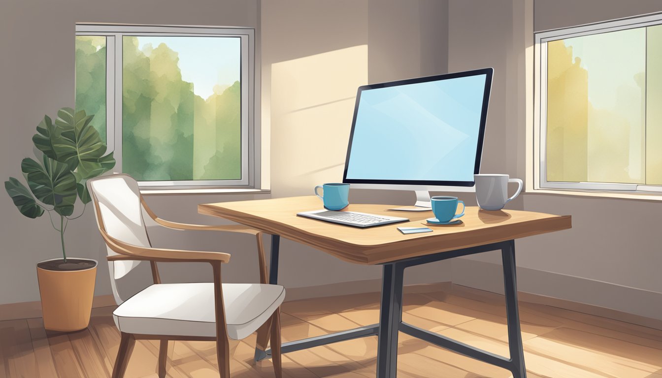 A desk with a laptop, notebook, and pen.</p><p>A cup of coffee sits nearby.</p><p>A window lets in natural light