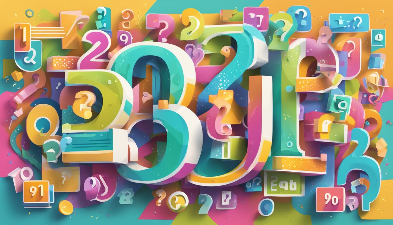 A large sign with "Frequently Asked Questions 910 Significado" in bold letters, surrounded by question marks and symbols, against a colorful background