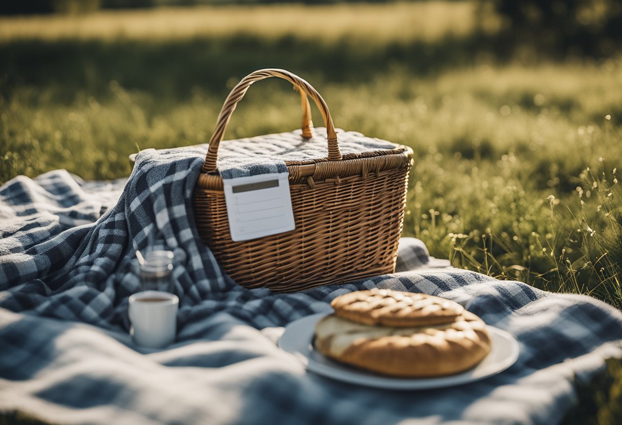 A blanket spread out on a grassy field with a picnic basket, baby essentials, and a checklist laid out neatly beside it
