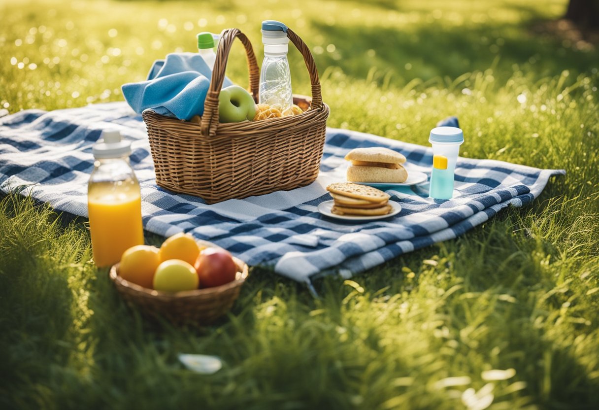 A picnic blanket spread out with a basket, baby bottle, snacks, and toys scattered around. A sunny park background with trees and a gentle breeze