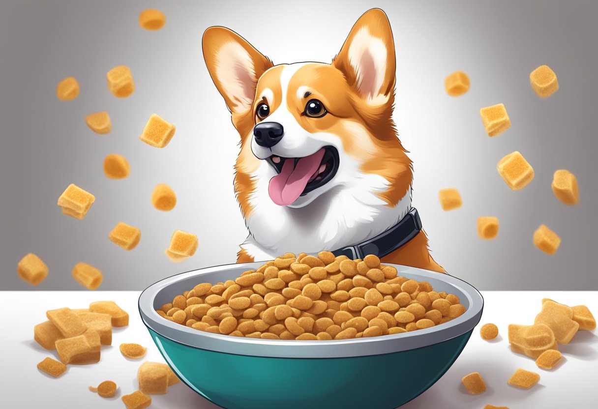A happy corgi eagerly eats from a bowl of premium dog food, tail wagging and eyes bright with excitement
