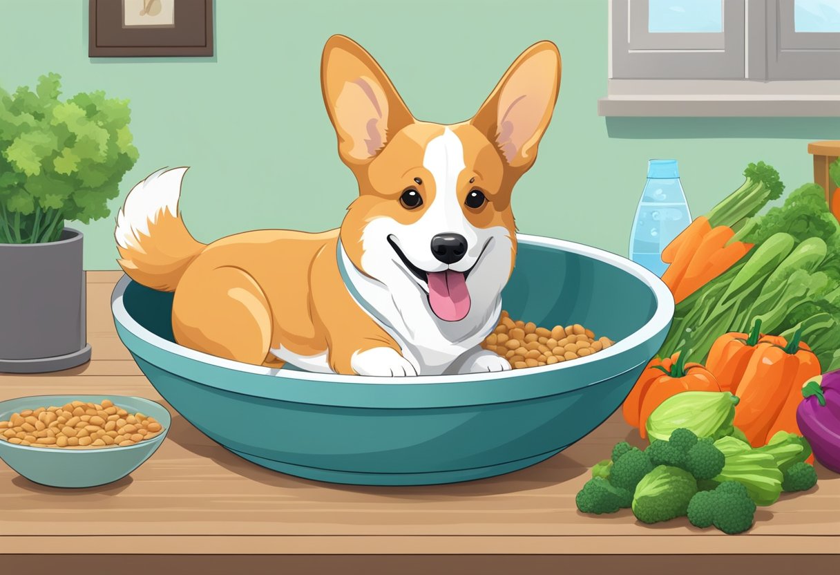 A corgi eagerly eats from a bowl filled with high-quality dog food, surrounded by fresh vegetables and a bowl of clean water