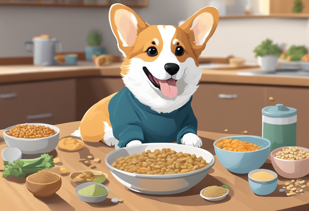 A corgi eagerly eating from a bowl labeled "Special Dietary Considerations best dog food for corgis", with other healthy ingredients scattered nearby