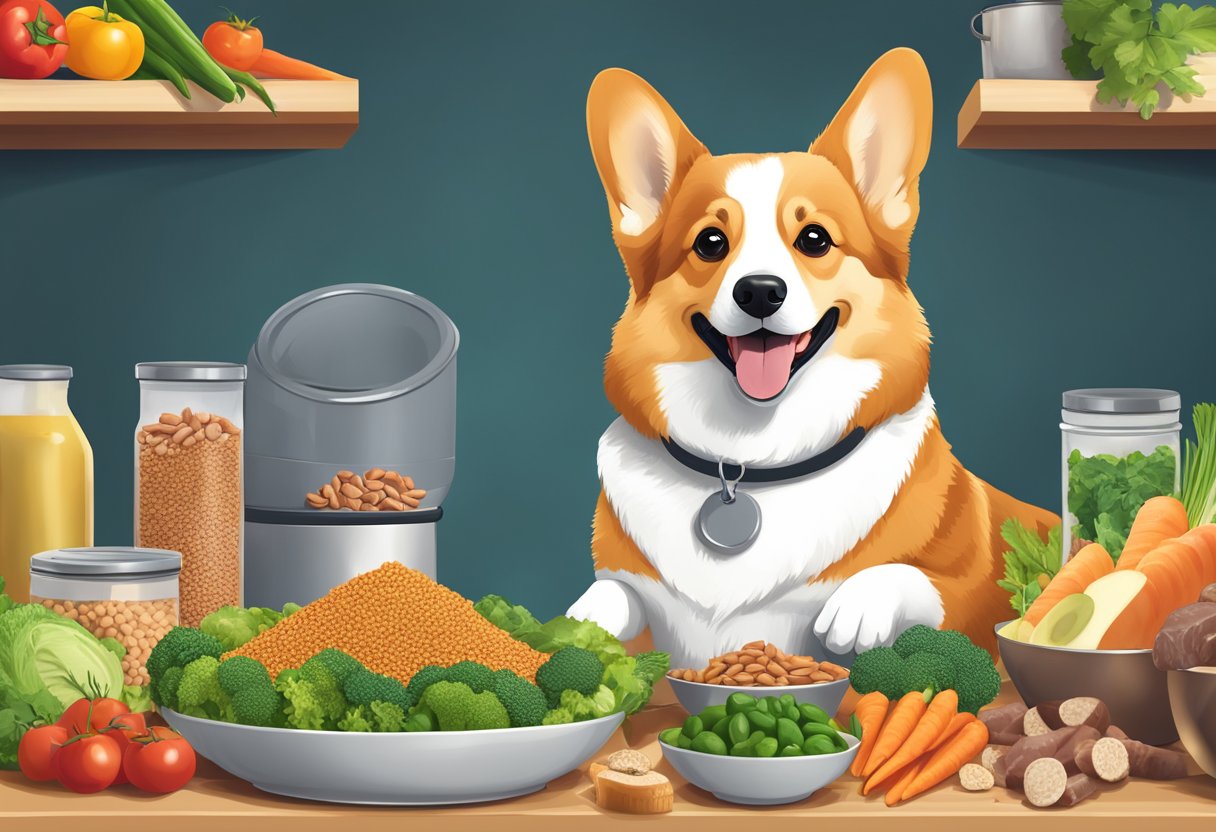 A happy corgi eating from a bowl of Life Stage Nutrition dog food, surrounded by a variety of healthy ingredients like lean meats, vegetables, and grains