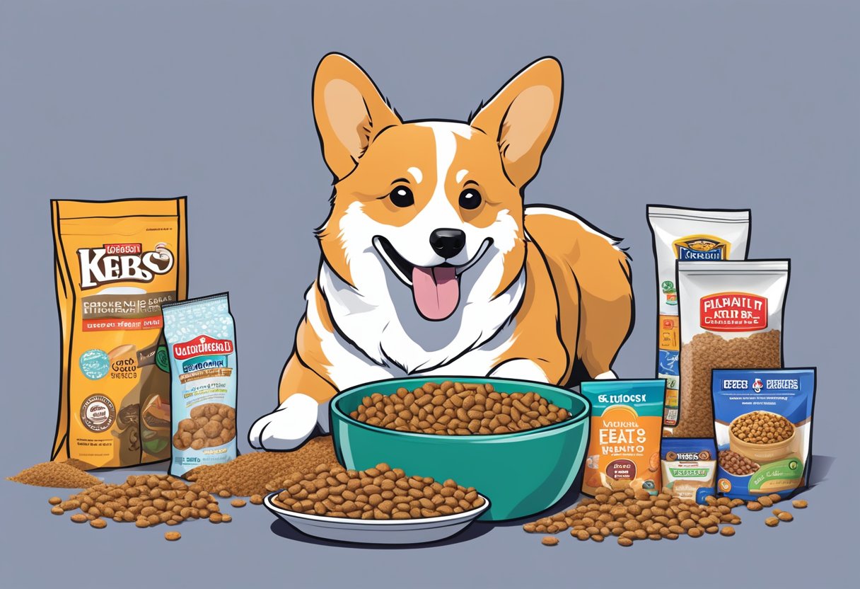 A corgi eagerly eats from a bowl filled with recommended dog food brands, surrounded by bags of high-quality dog food