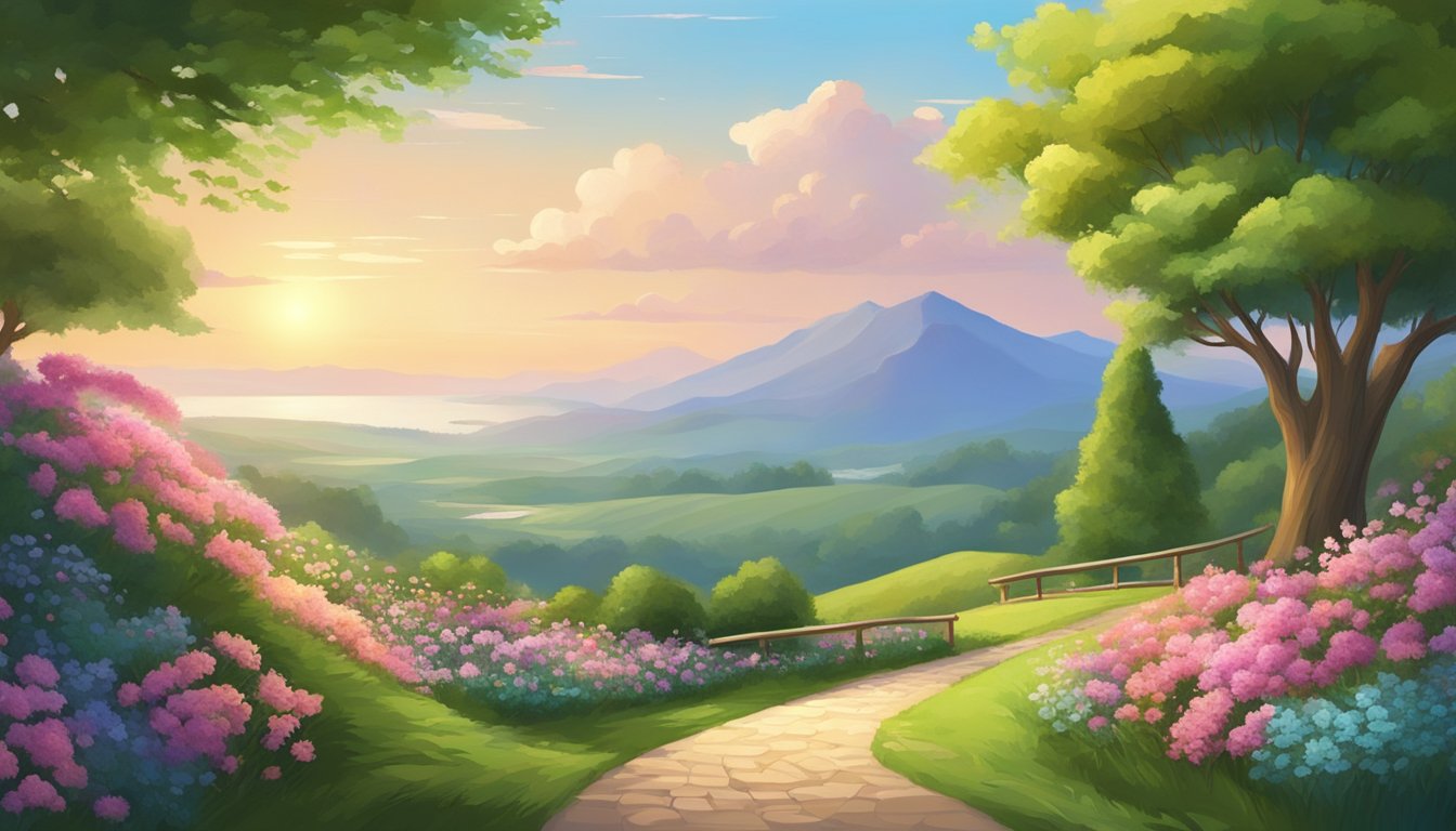 A serene landscape with a winding path leading to a bright horizon, surrounded by blooming flowers and lush greenery
