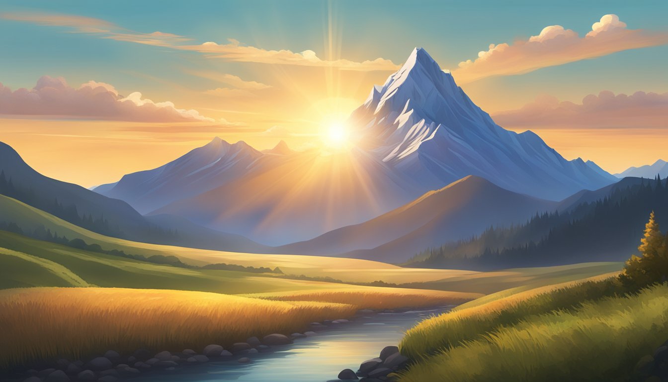 A serene mountain peak with a glowing sun rising behind it, casting a warm light over a tranquil valley below