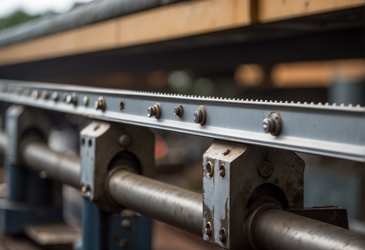 A large steel beam is supported by multiple Titen bolts on one side and wedge anchors on the other, showcasing their performance and load capacity