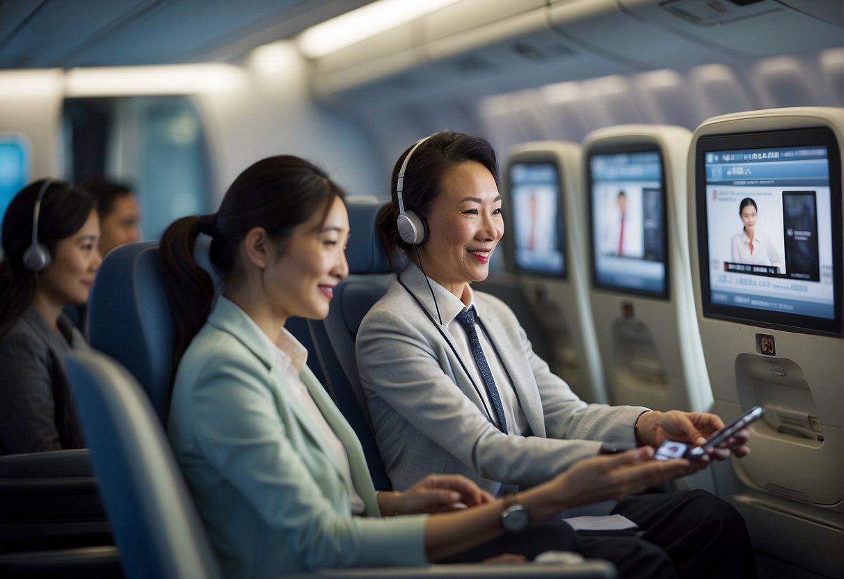 Passengers communicate with Air China using phones and computers. Contact information is displayed on screens and printed materials