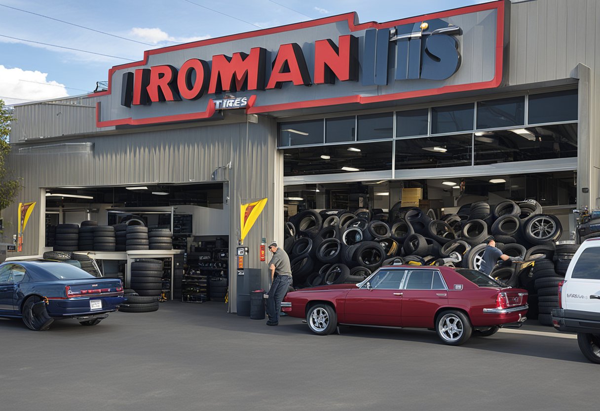 A tire shop with a large sign reading "Ironman Tires" in bold letters. Multiple tire displays and a mechanic working on a car in the background