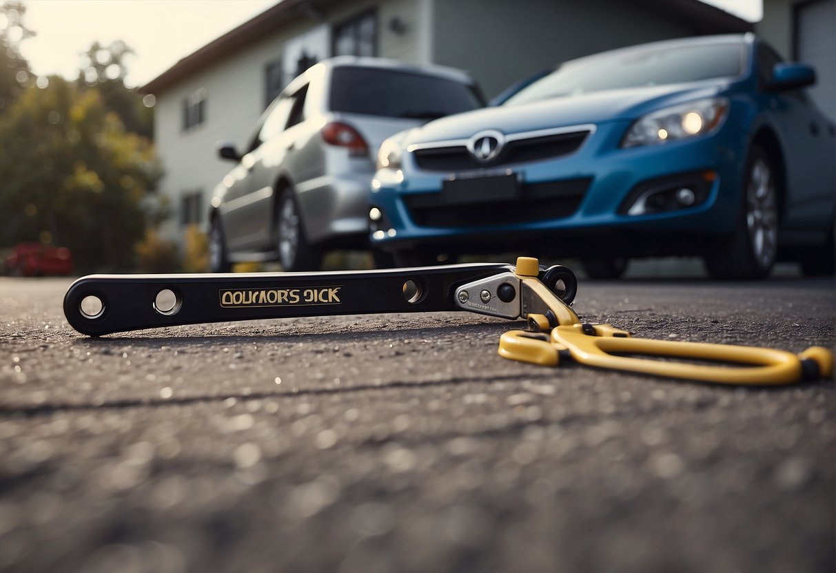A scissor jack lifts a car while a floor jack waits nearby