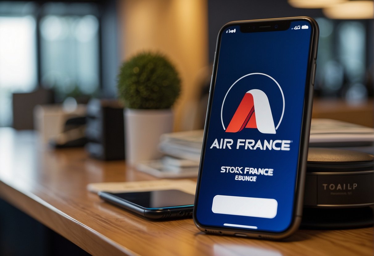 Air France logo displayed on a customer service desk with a phone number and email address for contact information