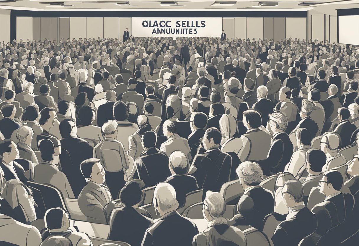 A crowded financial seminar, with a banner reading "Who Sells QLAC Annuities?" and a line of people waiting to speak with representatives