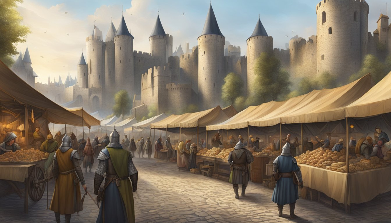 In 1220, a bustling medieval marketplace with merchants selling goods, knights on horseback, and a towering castle in the background