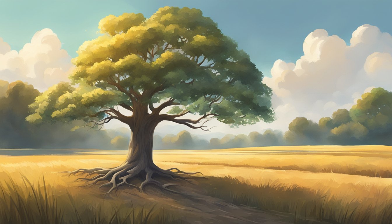 A tree stands tall in a field, its roots firmly planted in the ground.</p><p>The branches reach out, providing shelter and shade for the surrounding area.</p><p>The sun shines down, casting a warm glow on the scene