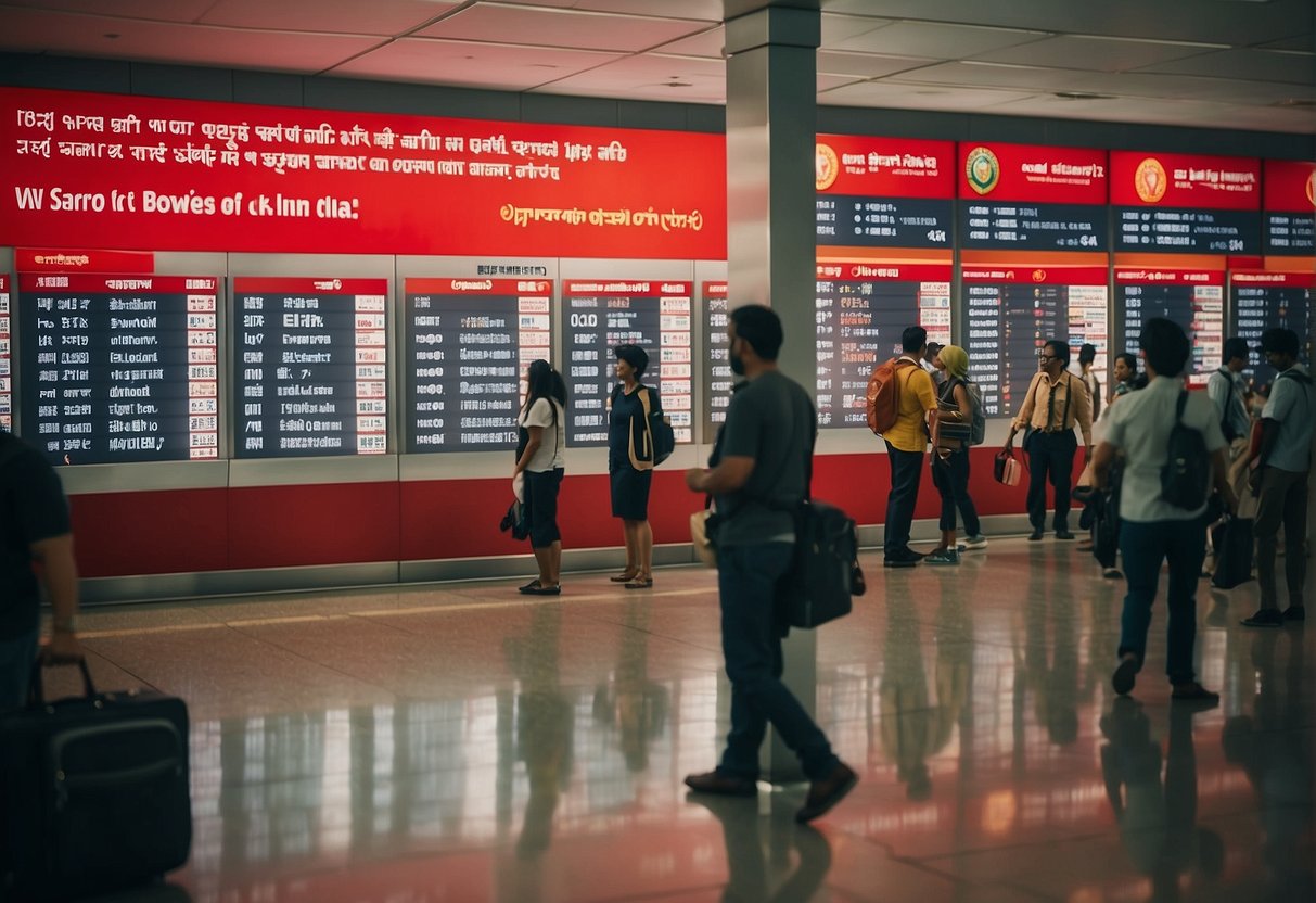 Passengers accessing Air India contact details on a public notice board in a busy airport terminal