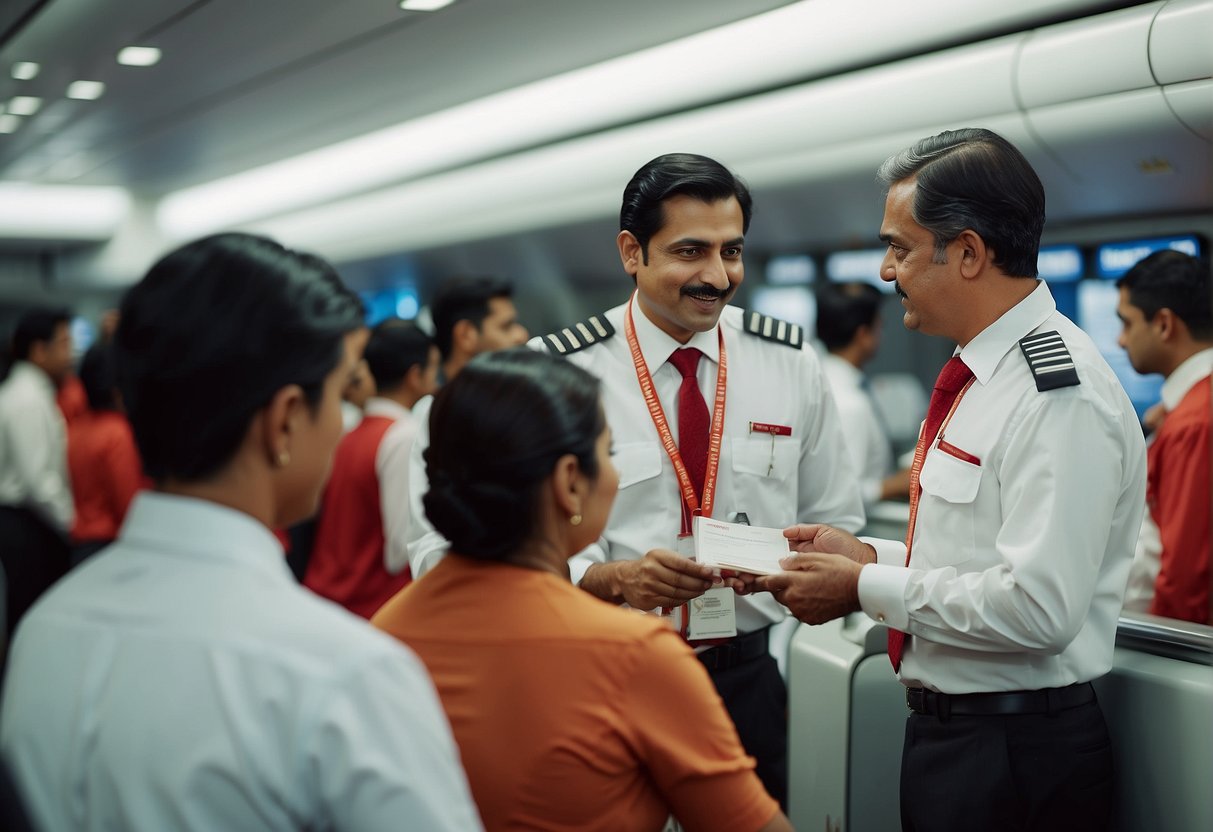 Passengers exchanging information with Air India staff. Contact details visible
