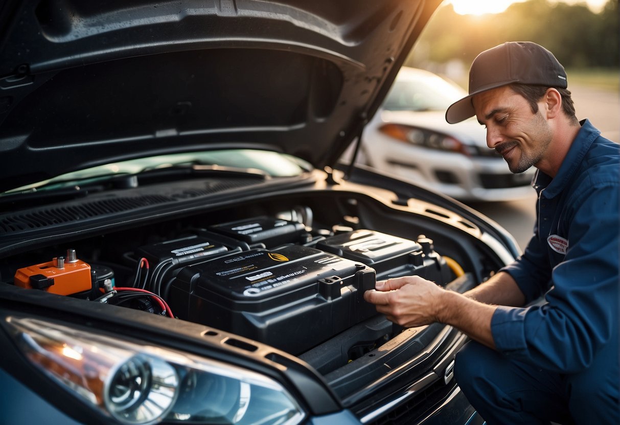 A mechanic installs an Everstart battery, while another replaces an Interstate battery in a car