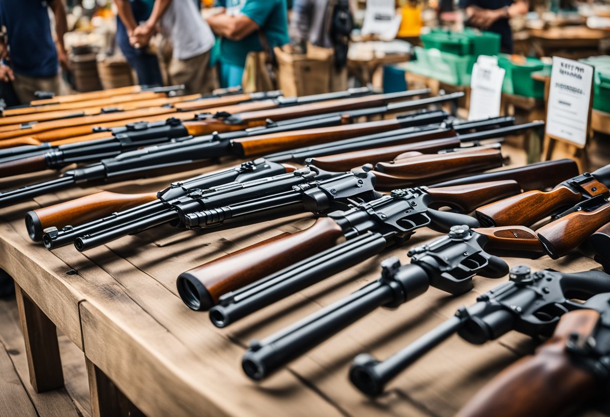 A vendor displays 400 Legend rifles on a wooden table at an outdoor market. The rifles are neatly arranged with price tags and a sign advertising the sale