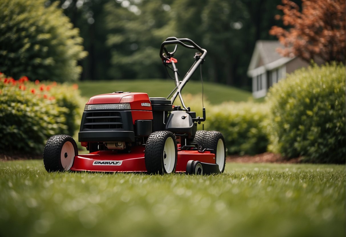 A gravely mower cuts a clean line next to an Exmark mower on a freshly mowed lawn