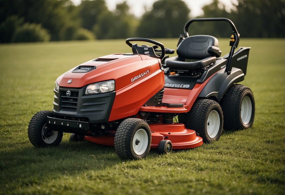 Two lawn mowers, Gravely and Exmark, side by side in a grassy field, with clear labels and distinct features