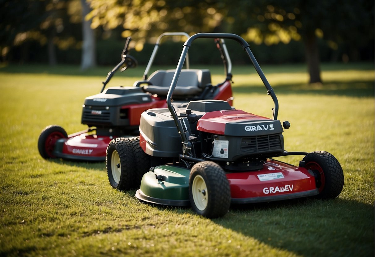 Two lawnmowers side by side, one labeled "Gravely" and the other "Exmark." They are surrounded by grass and a few scattered tools