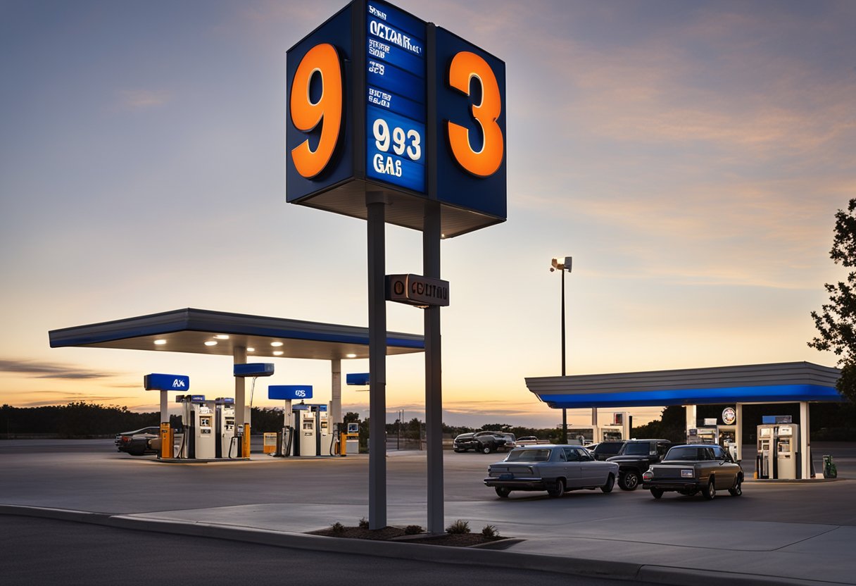 A gas station sign advertises "93 Octane Gas" with bold letters and a price display. The pumps and surrounding area are well-lit and clean, with no lines or customers in sight